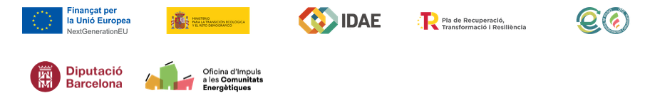 Logotips d'entitats finançadores i de suport a les comunitats energètiques: Unió Europea, Govern d'Espanya, IDAE, PRTR, Diputació de Barcelona i Oficina d'impuls a les comunitats energètiques